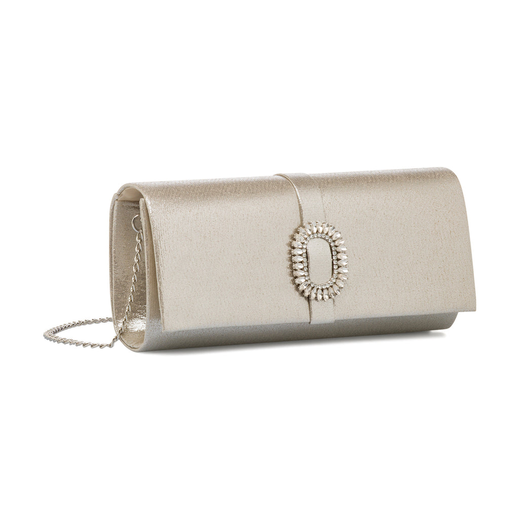 Pochette da donna oro con dettaglio strass e logo Lora Ferres