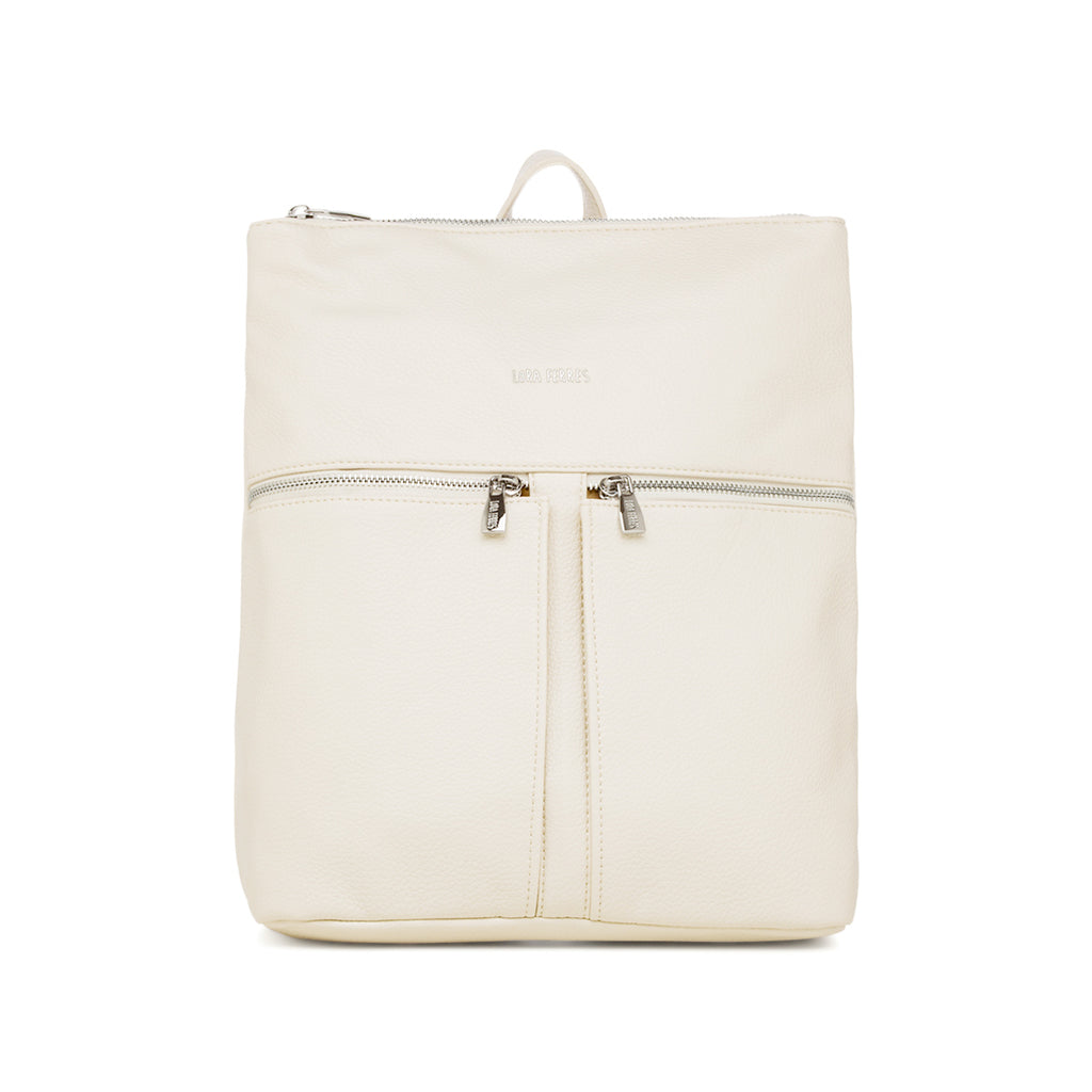 Zaino da donna bianco con tasche esterne e logo Lora Ferres