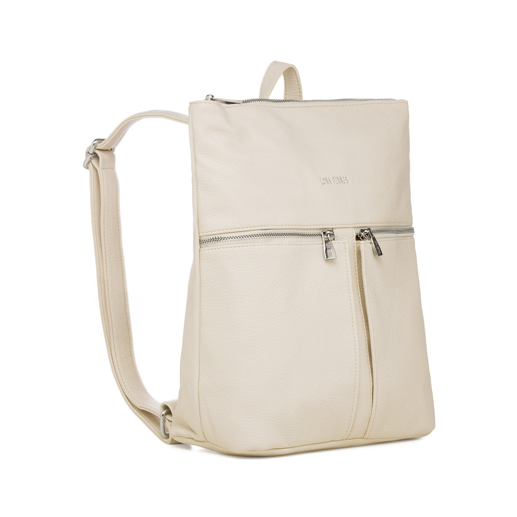 Zaino da donna bianco con tasche esterne e logo Lora Ferres