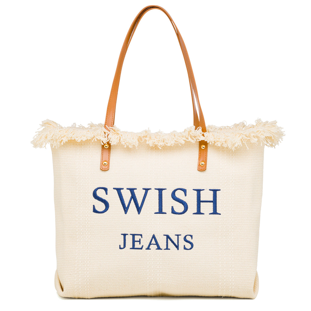 Borsa mare donna in tessuto bianco panna con logo Swish Jeans
