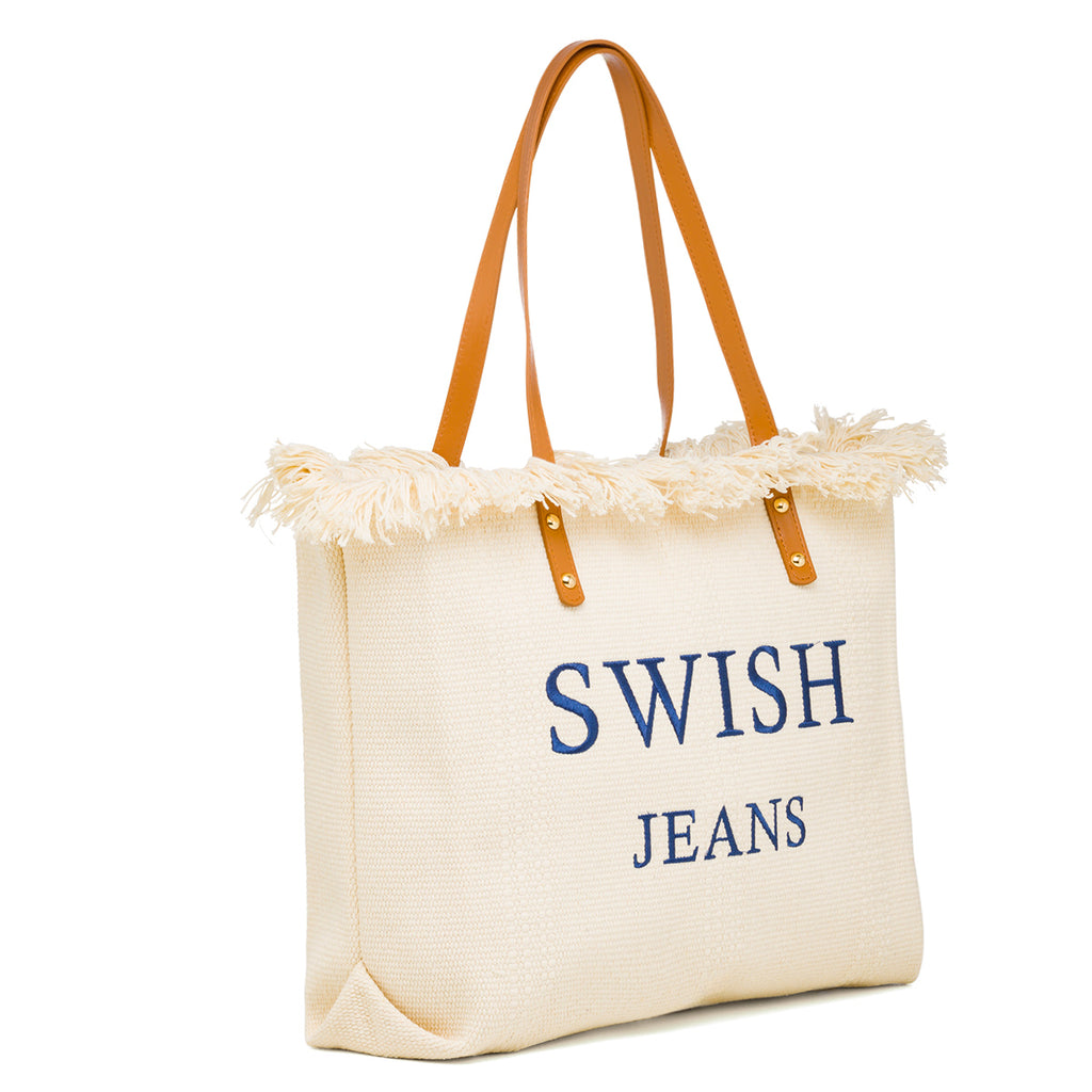Borsa mare donna in tessuto bianco panna con logo Swish Jeans
