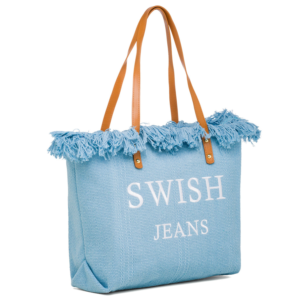 Borsa mare donna in tessuto azzurra con logo Swish Jeans