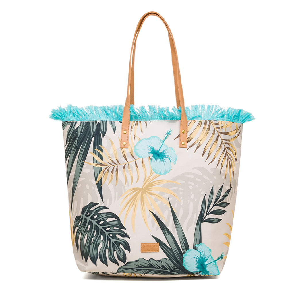 Borsa da mare donna fantasia fiori e foglie azzurra e verde Swish Jeans