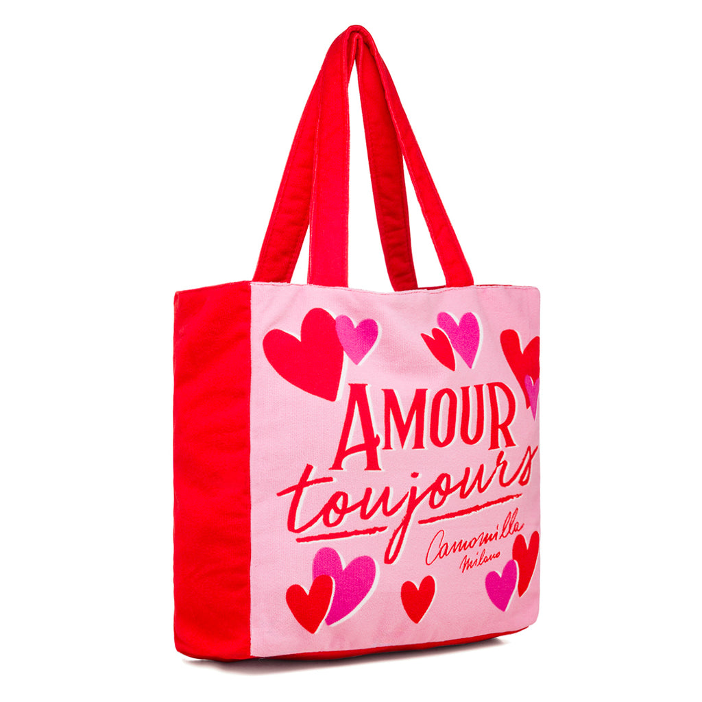 Borsa da mare donna in spugna rosa con stampe cuori Camomilla Milano Amour