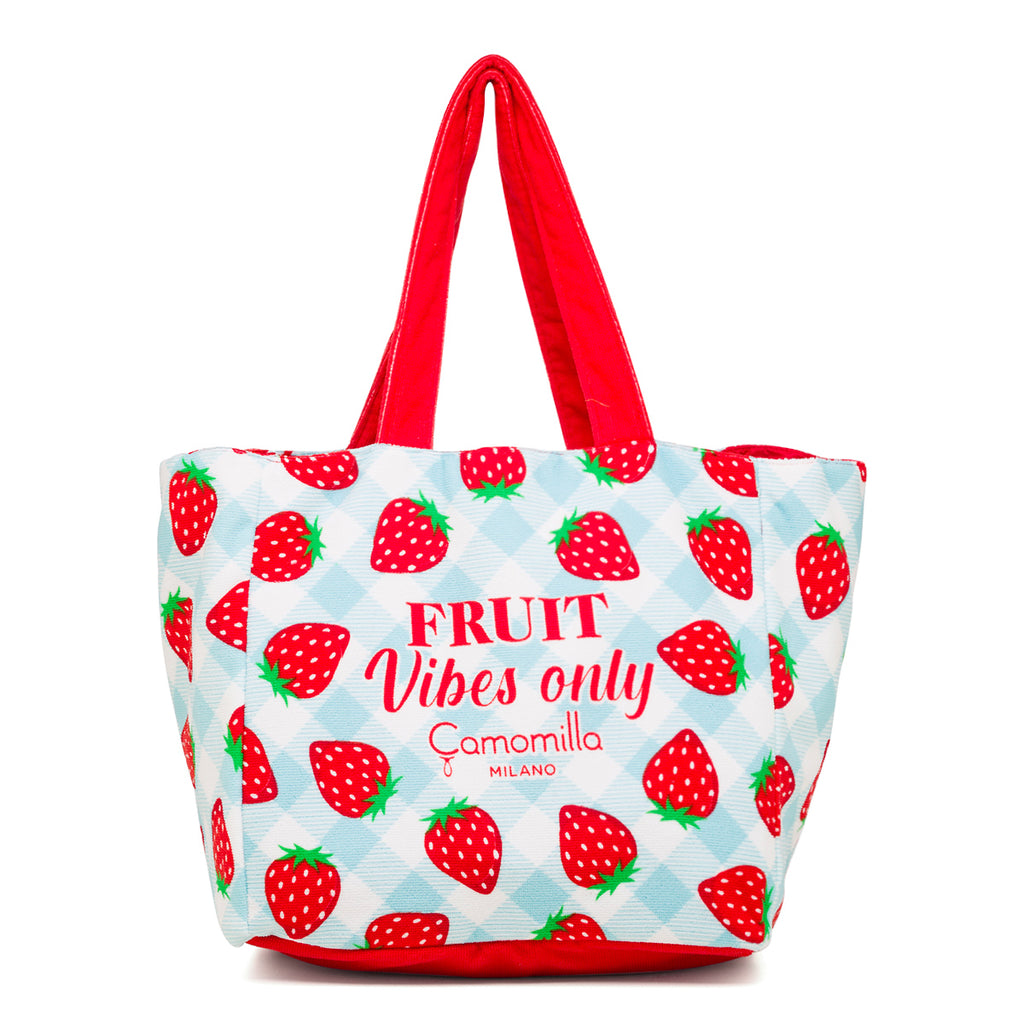 Borsa da mare donna in spugna rossa e azzurra con stampe fragole Camomilla Milano Strawberry