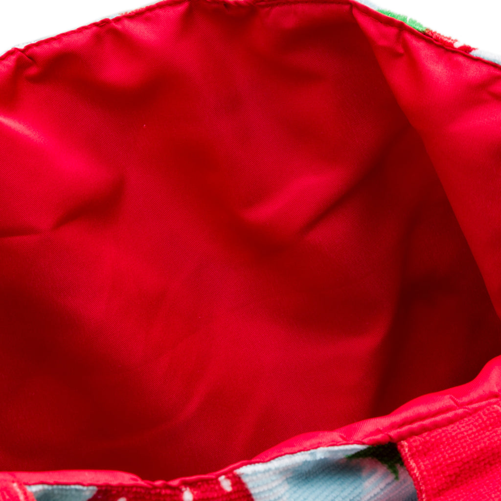 Borsa da mare donna in spugna rossa e azzurra con stampe fragole Camomilla Milano Strawberry