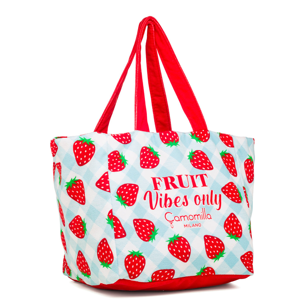 Borsa da mare donna in spugna rossa e azzurra con stampe fragole Camomilla Milano Strawberry