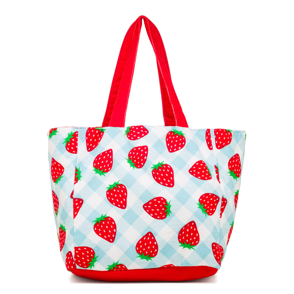 Borsa da mare donna in spugna rossa e azzurra con stampe fragole Camomilla Milano Strawberry