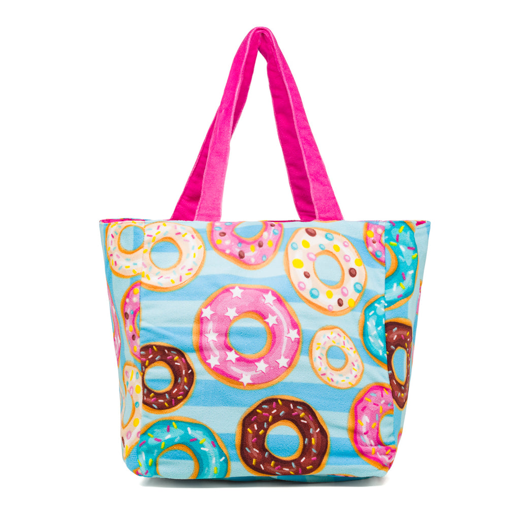 Borsa da mare donna in spugna azzurra e rosa con stampe donuts Camomilla Milano