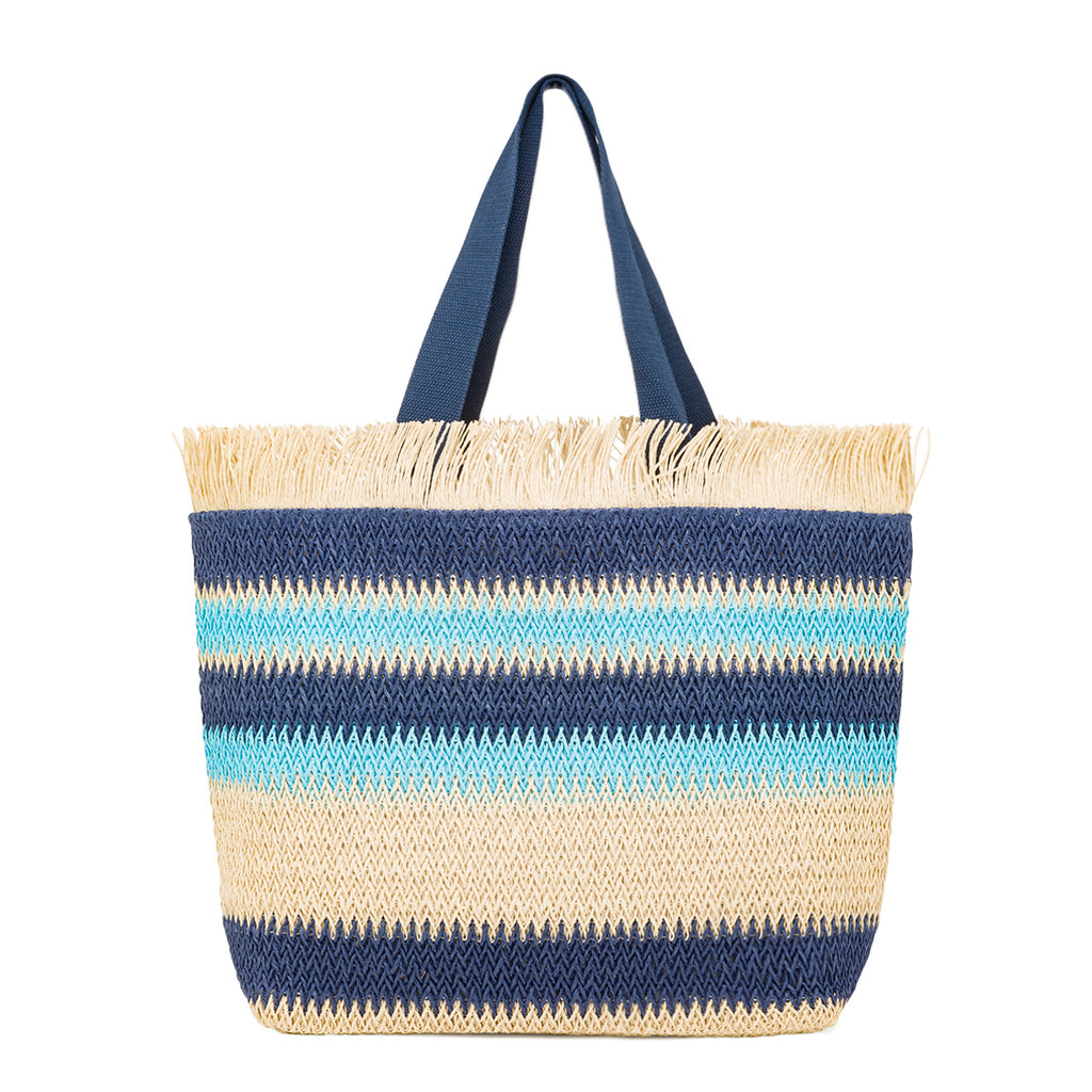 Borsa Mare da Donna in Rafia da Donna a Righe Azzurre con Frange Lora Ferres On The Beach