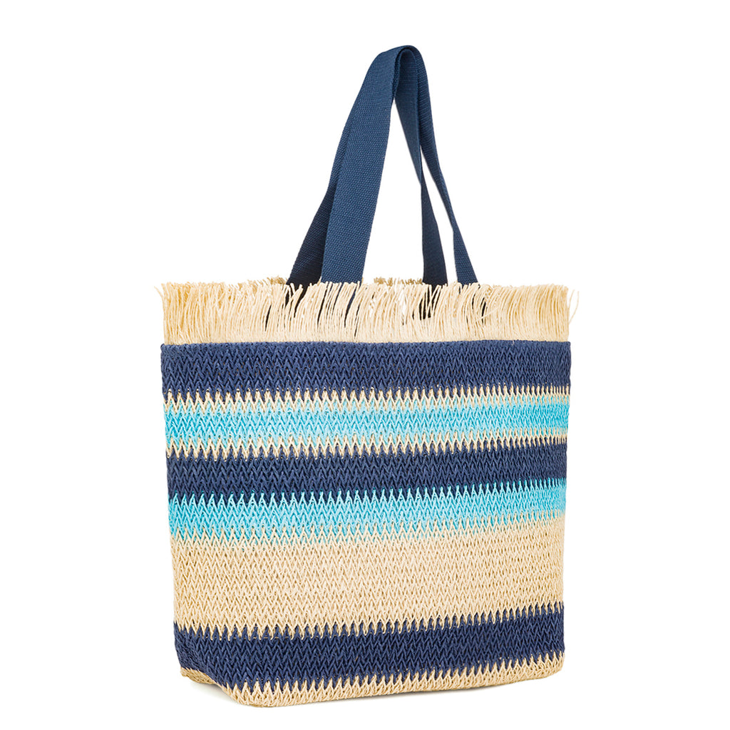 Borsa Mare da Donna in Rafia da Donna a Righe Azzurre con Frange Lora Ferres On The Beach
