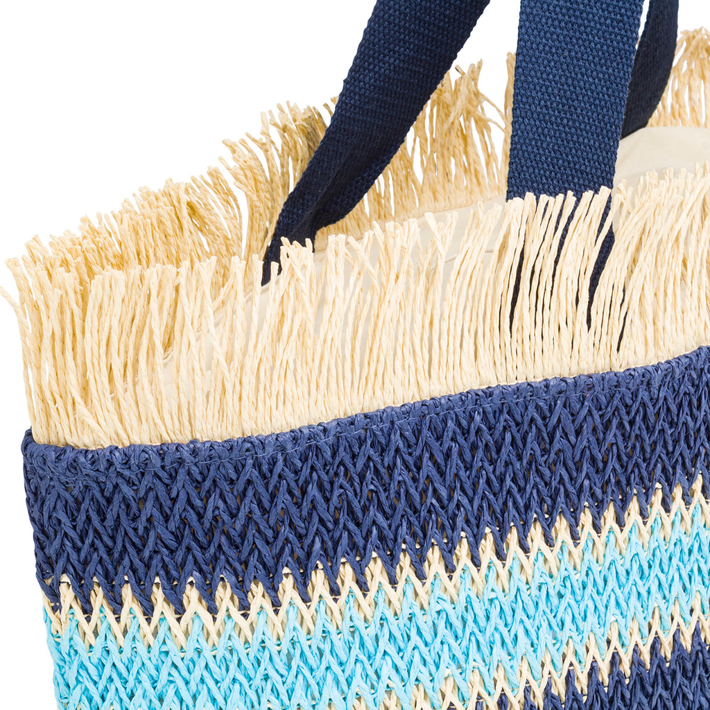 Borsa Mare da Donna in Rafia da Donna a Righe Azzurre con Frange Lora Ferres On The Beach