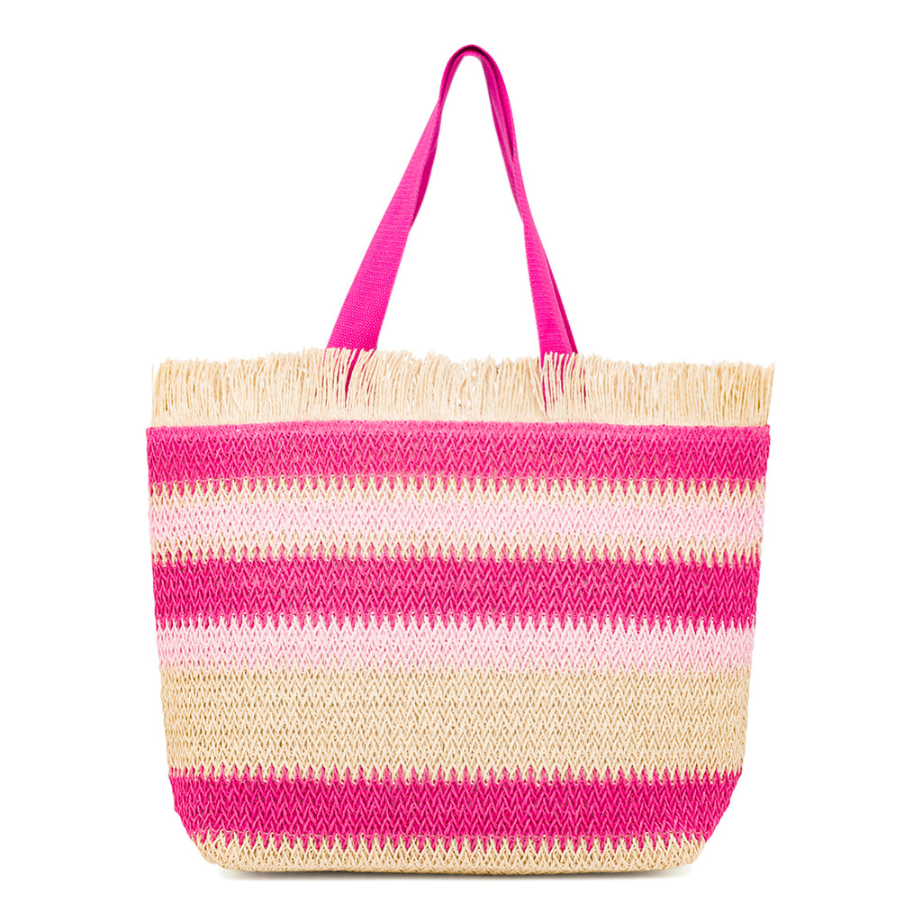 Borsa Mare da Donna in Rafia da Donna a Righe Rosa con Frange Lora Ferres On The Beach