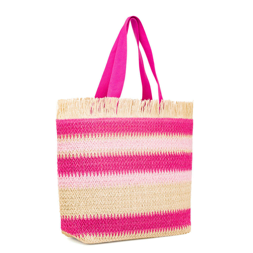 Borsa Mare da Donna in Rafia da Donna a Righe Rosa con Frange Lora Ferres On The Beach