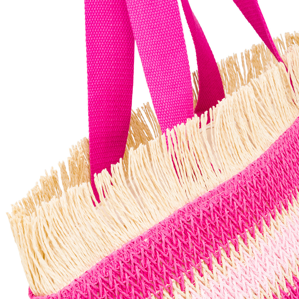 Borsa Mare da Donna in Rafia da Donna a Righe Rosa con Frange Lora Ferres On The Beach