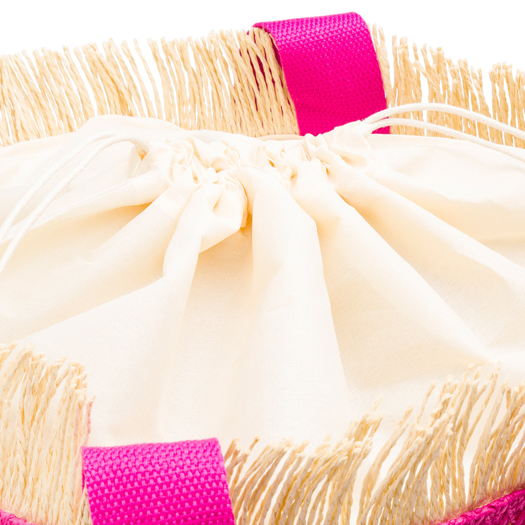 Borsa Mare da Donna in Rafia da Donna a Righe Rosa con Frange Lora Ferres On The Beach