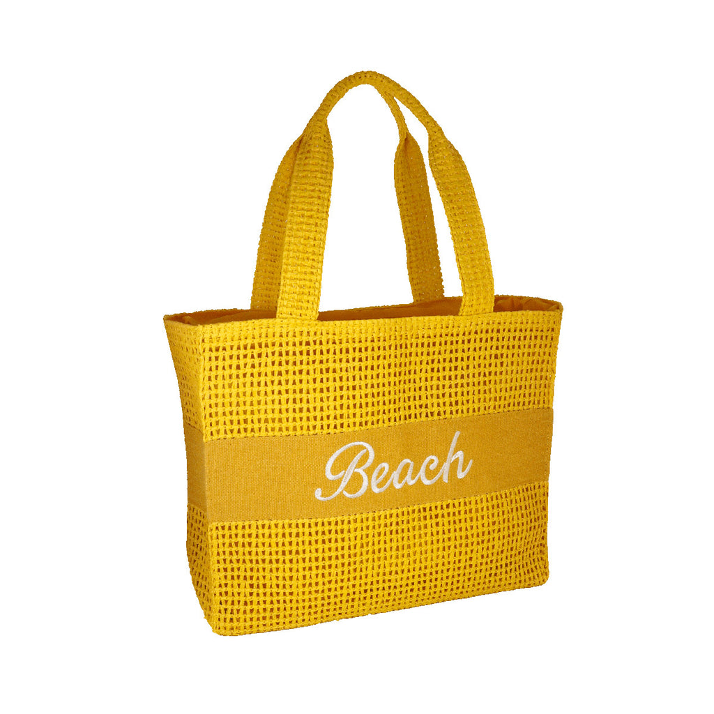 Borsa mare gialla da Donna con scritta BEACH effetto rafia Camomilla Milano