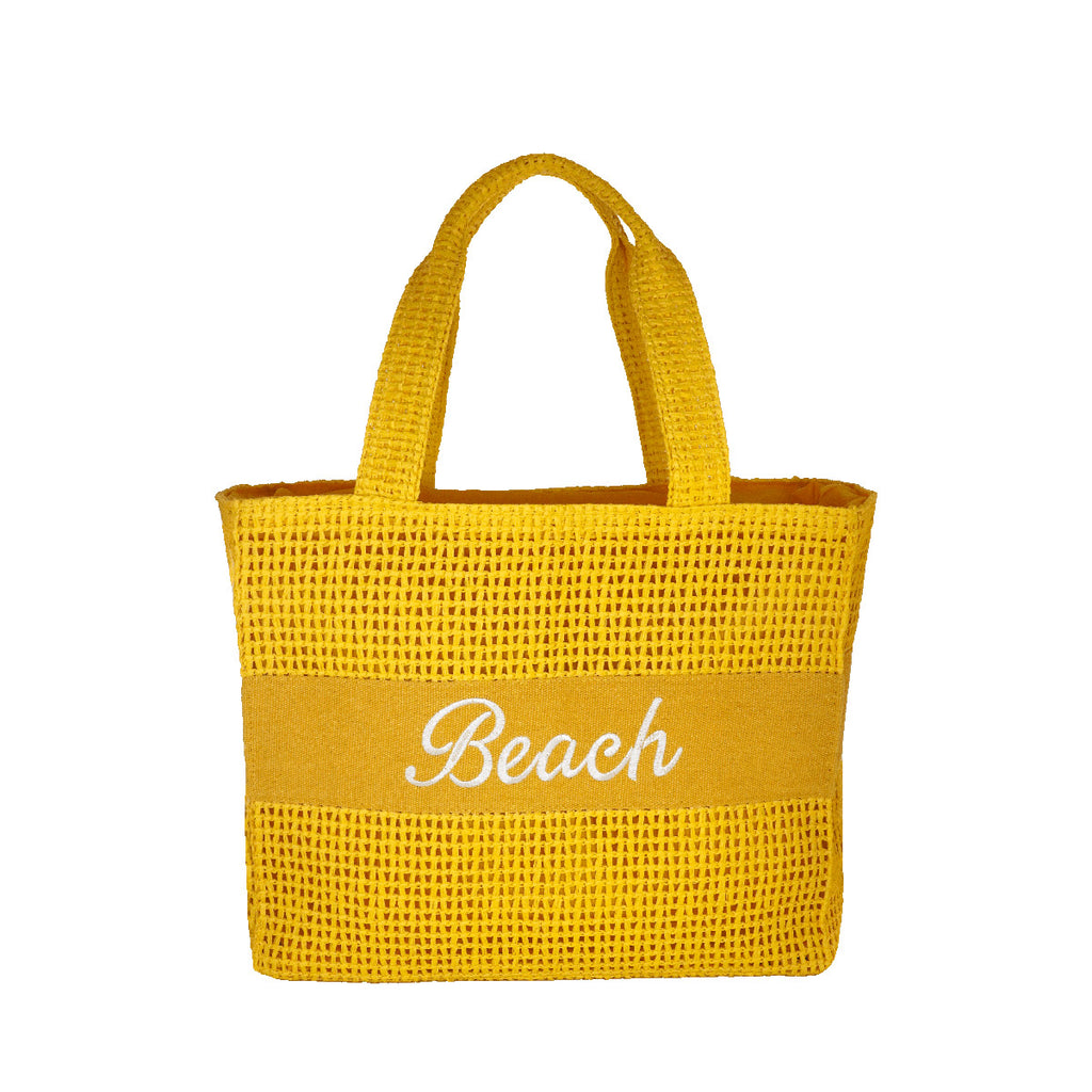Borsa mare gialla da Donna con scritta BEACH effetto rafia Camomilla Milano