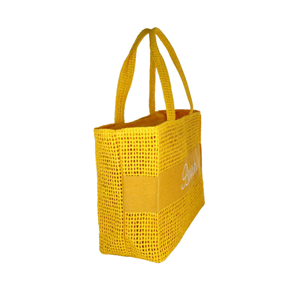 Borsa mare gialla da Donna con scritta BEACH effetto rafia Camomilla Milano