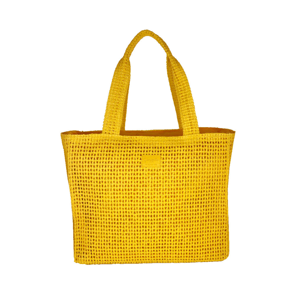 Borsa mare gialla da Donna con scritta BEACH effetto rafia Camomilla Milano
