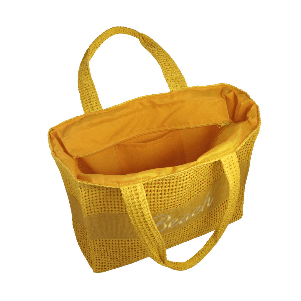 Borsa mare gialla da Donna con scritta BEACH effetto rafia Camomilla Milano