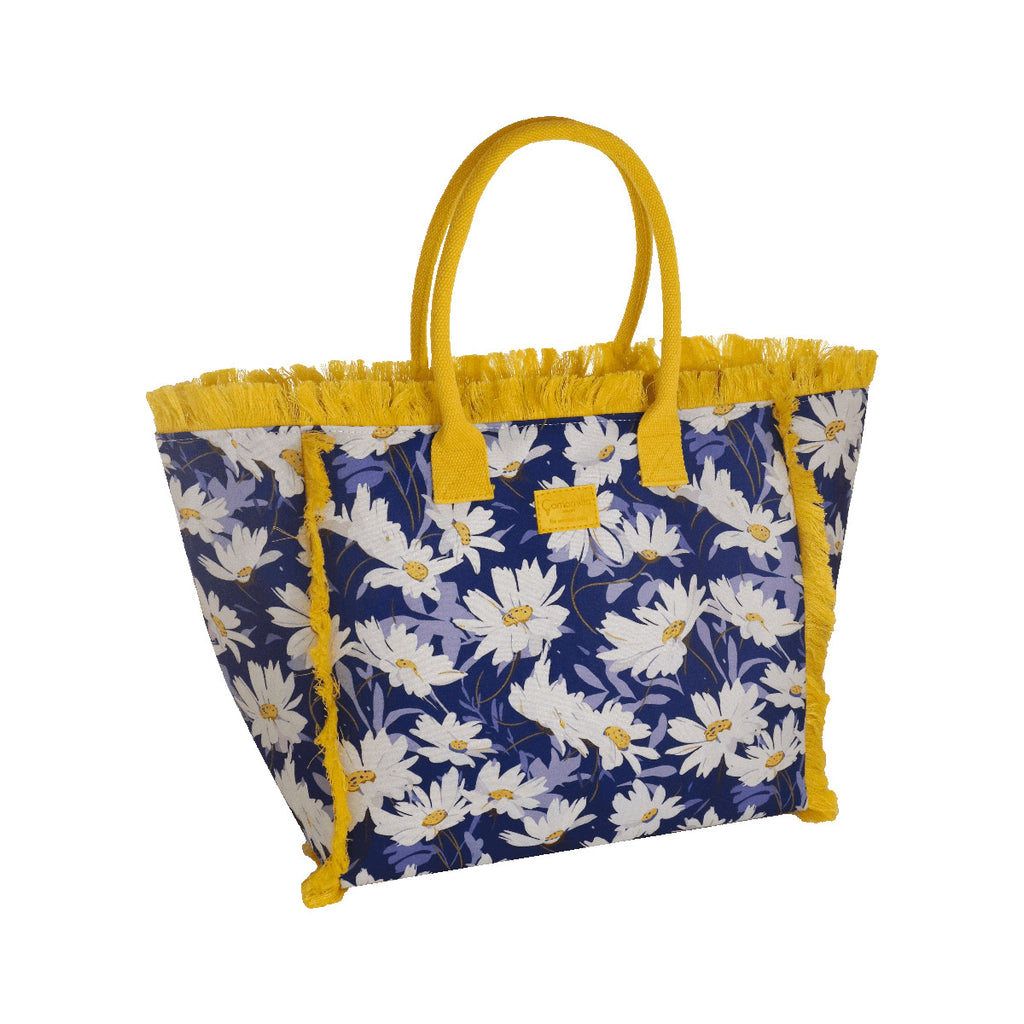 Borsa mare blu con fiori e frange gialle da Donna Camomilla Milano