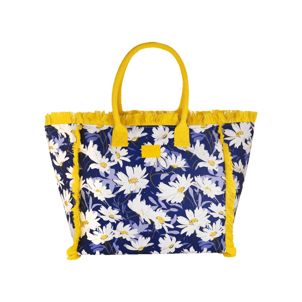 Borsa mare blu con fiori e frange gialle da Donna Camomilla Milano