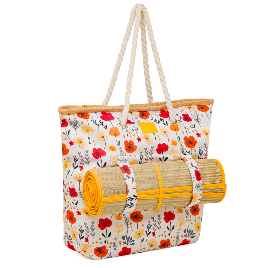 Borsa Mare con Tappetino Fantasia Floreale Manici in Corda Perfetta per la Spiaggia Camomilla Milano