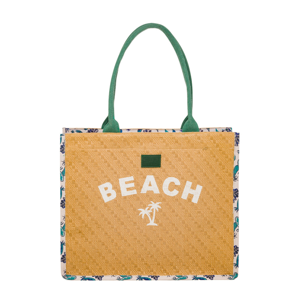 Borsa Mare in Paglia con Scritta Beach e Manici in Tessuto Verde Camomilla Milano