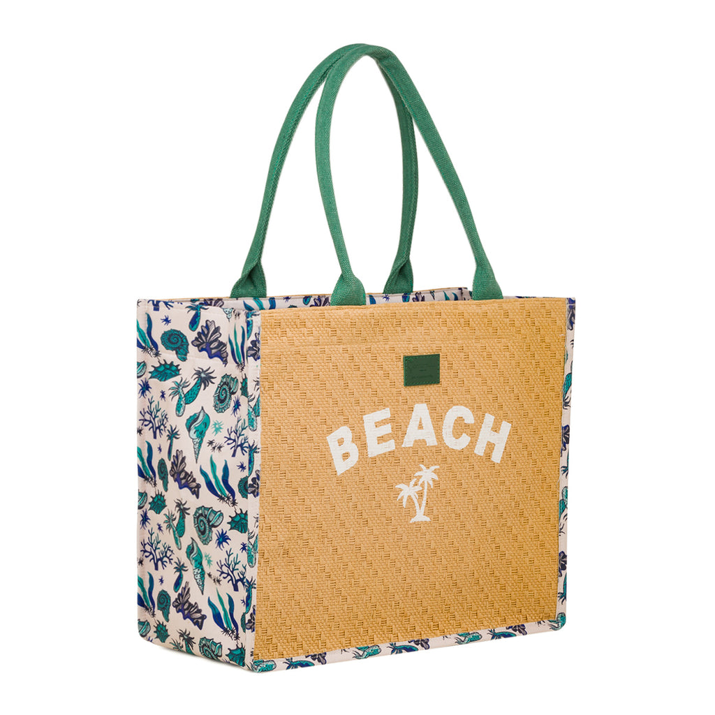 Borsa Mare in Paglia con Scritta Beach e Manici in Tessuto Verde Camomilla Milano