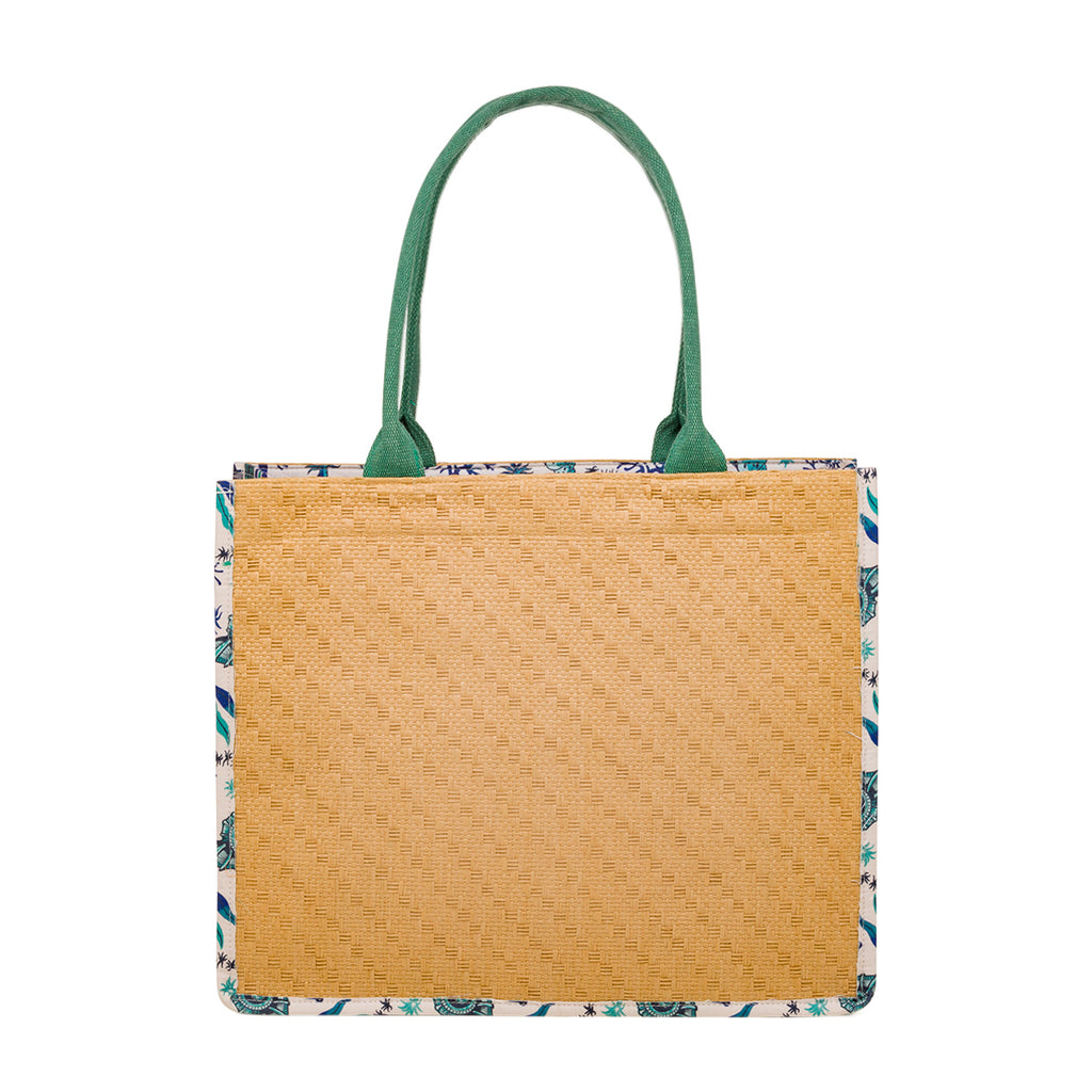 Borsa Mare in Paglia con Scritta Beach e Manici in Tessuto Verde Camomilla Milano