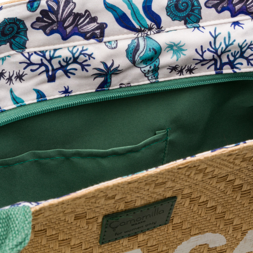 Borsa Mare in Paglia con Scritta Beach e Manici in Tessuto Verde Camomilla Milano
