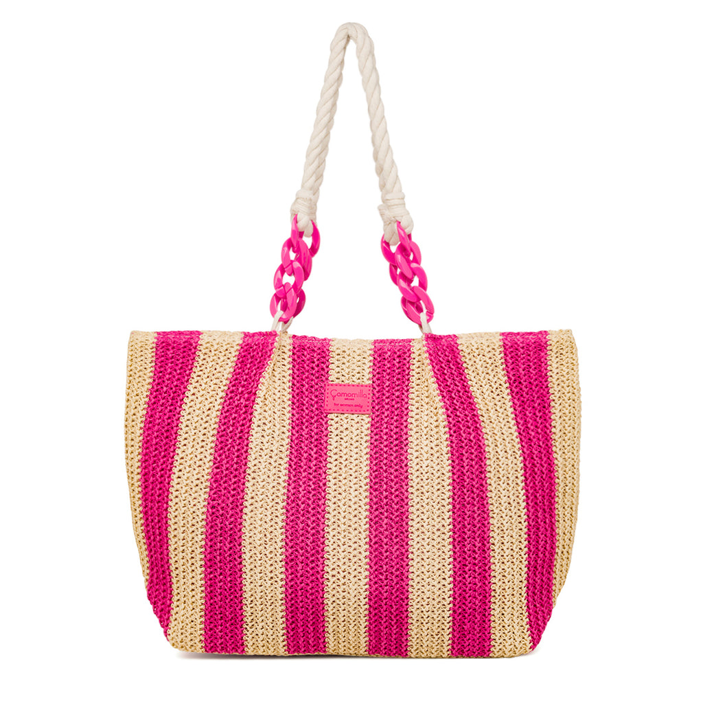 Borsa Mare a Righe in Paglia con Manici in Corda e Catena Rosa Camomilla Milano