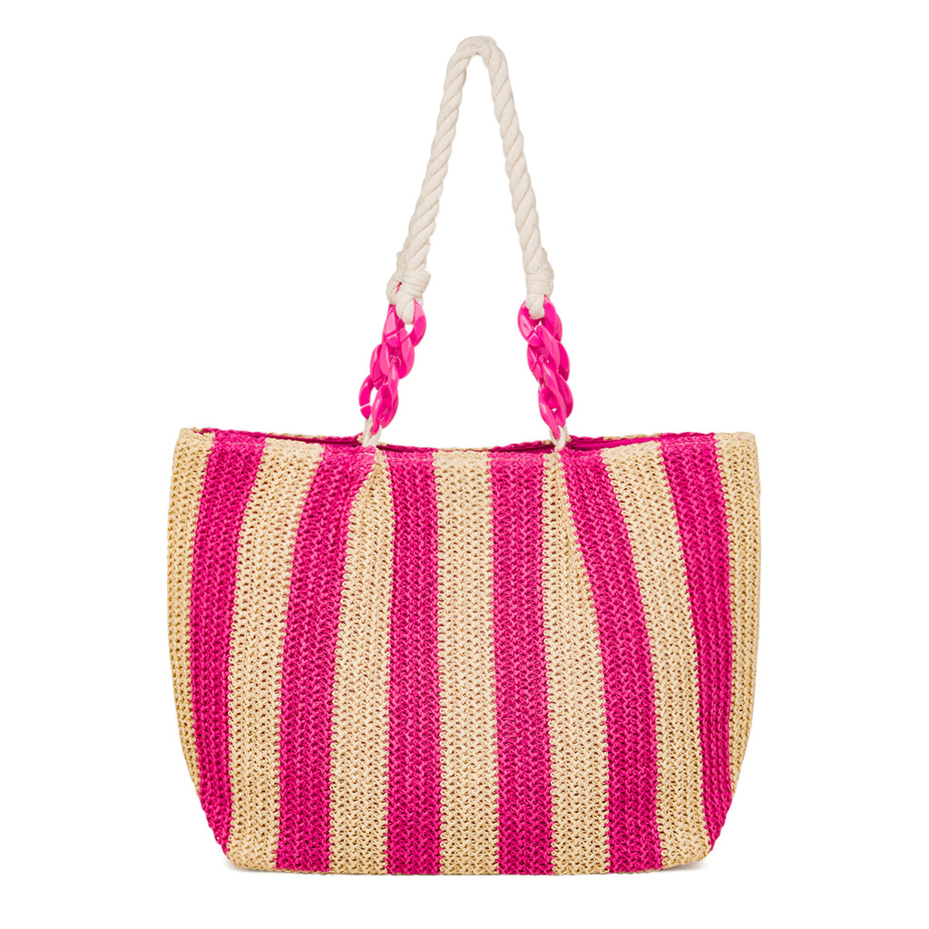 Borsa Mare a Righe in Paglia con Manici in Corda e Catena Rosa Camomilla Milano