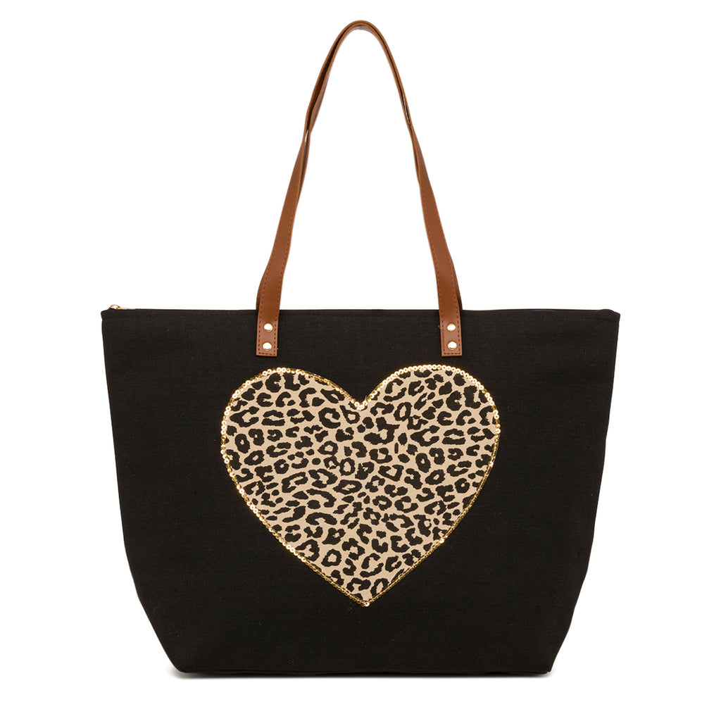 Borsa Shopper in Tessuto Nero con Manici in Similpelle e Pochette Coordinata Camomilla Milano