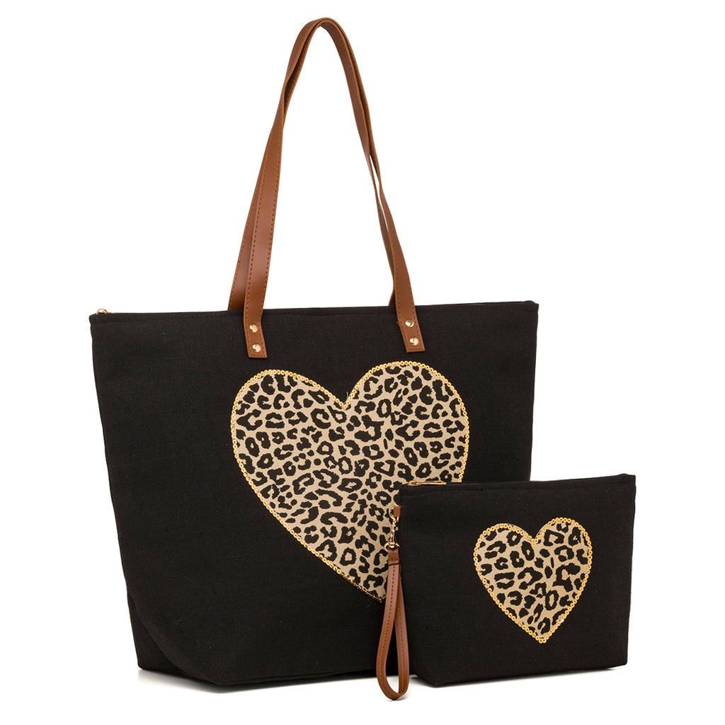 Borsa Shopper in Tessuto Nero con Manici in Similpelle e Pochette Coordinata Camomilla Milano