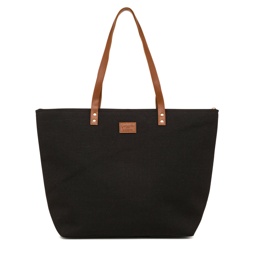 Borsa Shopper in Tessuto Nero con Manici in Similpelle e Pochette Coordinata Camomilla Milano
