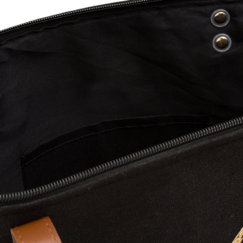 Borsa Shopper in Tessuto Nero con Manici in Similpelle e Pochette Coordinata Camomilla Milano