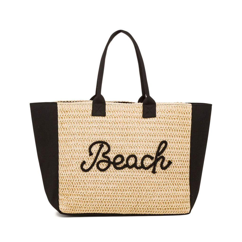 Borsa Mare in Paglia con Dettagli in Tessuto e Scritta Ricamata Camomilla Milano