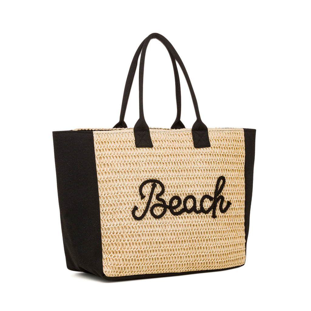 Borsa Mare in Paglia con Dettagli in Tessuto e Scritta Ricamata Camomilla Milano