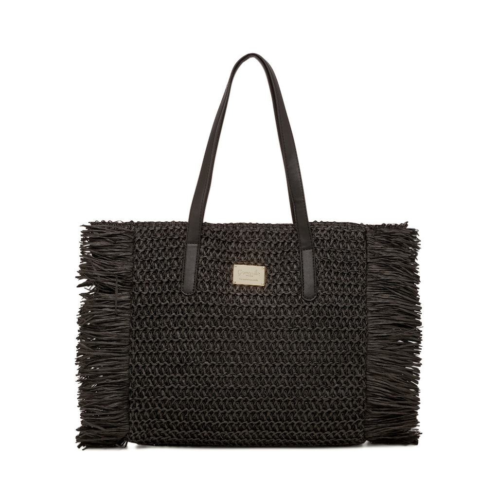 Borsa Mare in Paglia Intrecciata Nera con Frange e Manici Eleganti Camomilla Milano