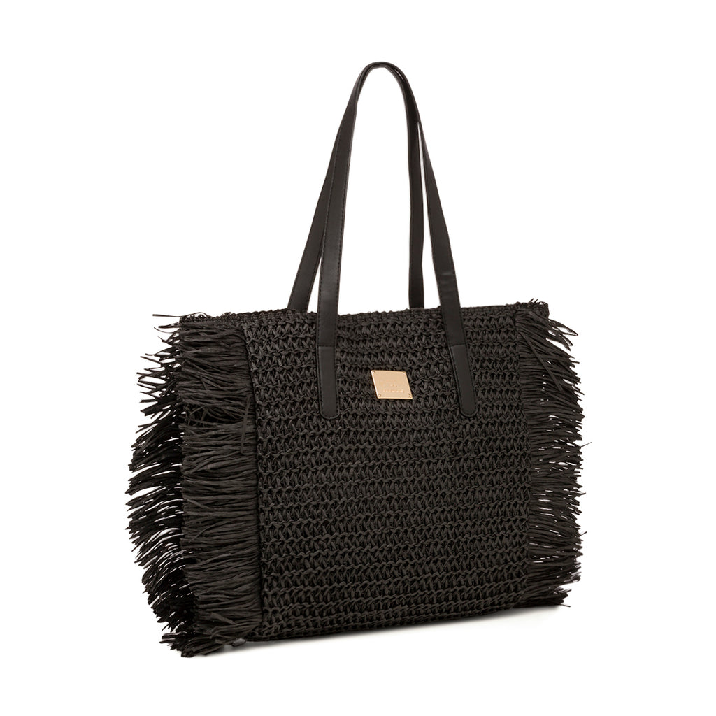 Borsa Mare in Paglia Intrecciata Nera con Frange e Manici Eleganti Camomilla Milano
