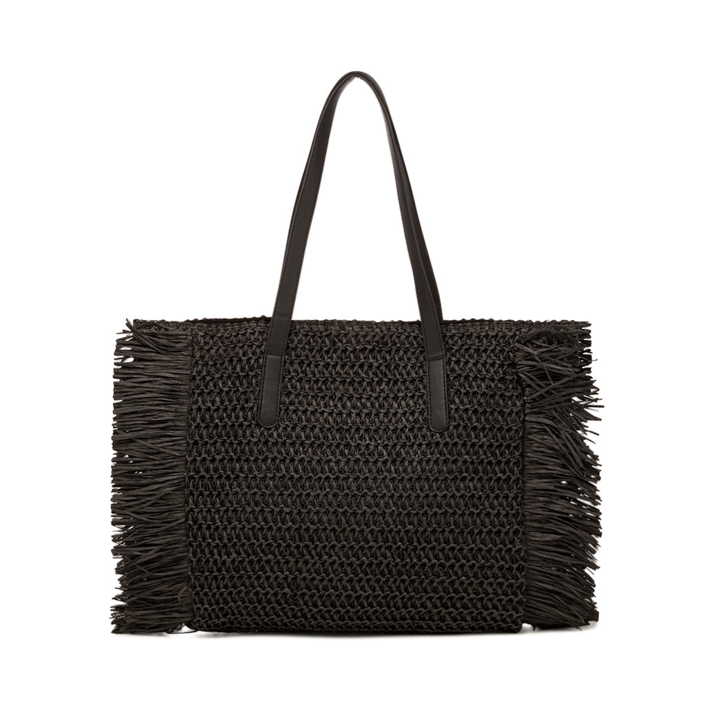 Borsa Mare in Paglia Intrecciata Nera con Frange e Manici Eleganti Camomilla Milano