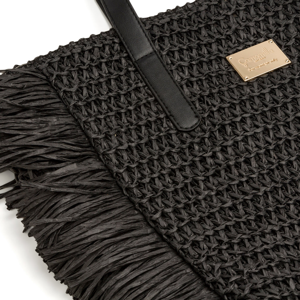 Borsa Mare in Paglia Intrecciata Nera con Frange e Manici Eleganti Camomilla Milano