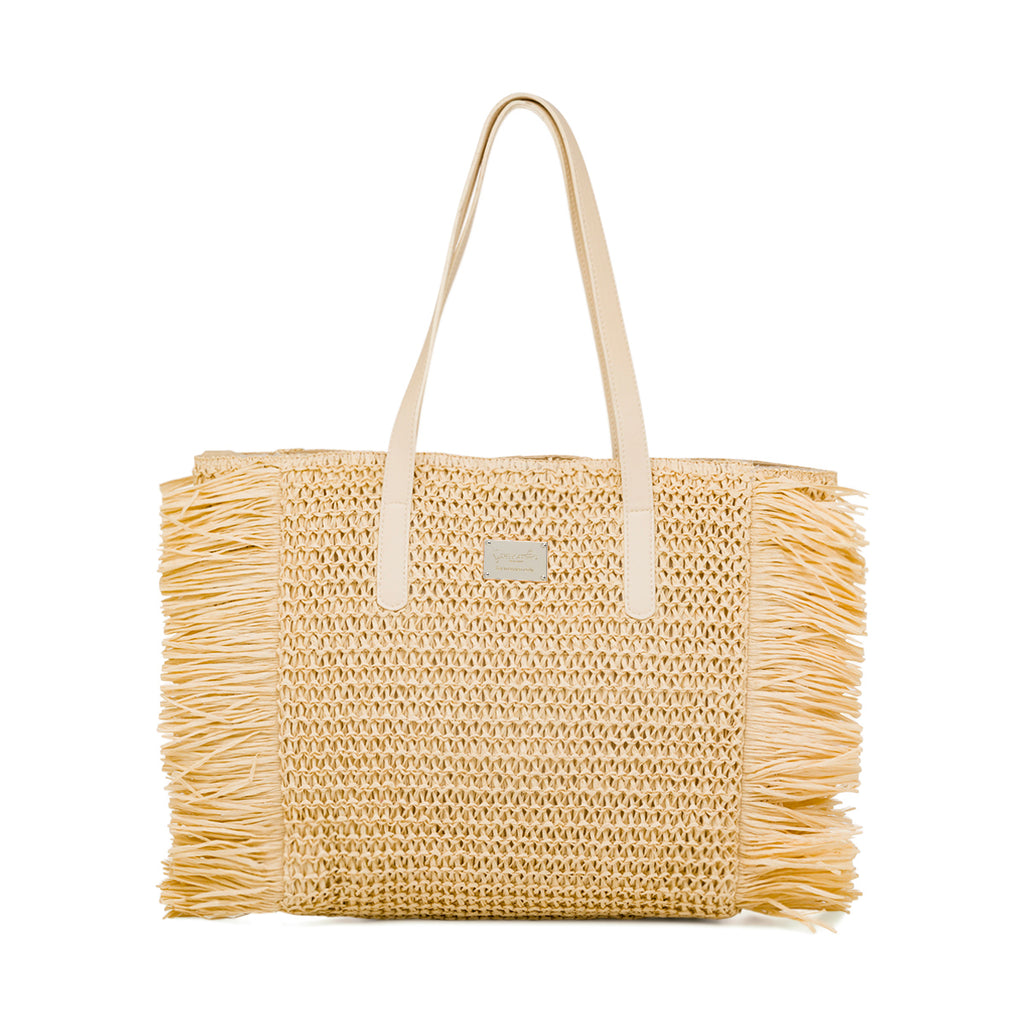 Borsa Mare in Paglia Intrecciata Naturale con Frange e Manici Eleganti Camomilla Milano