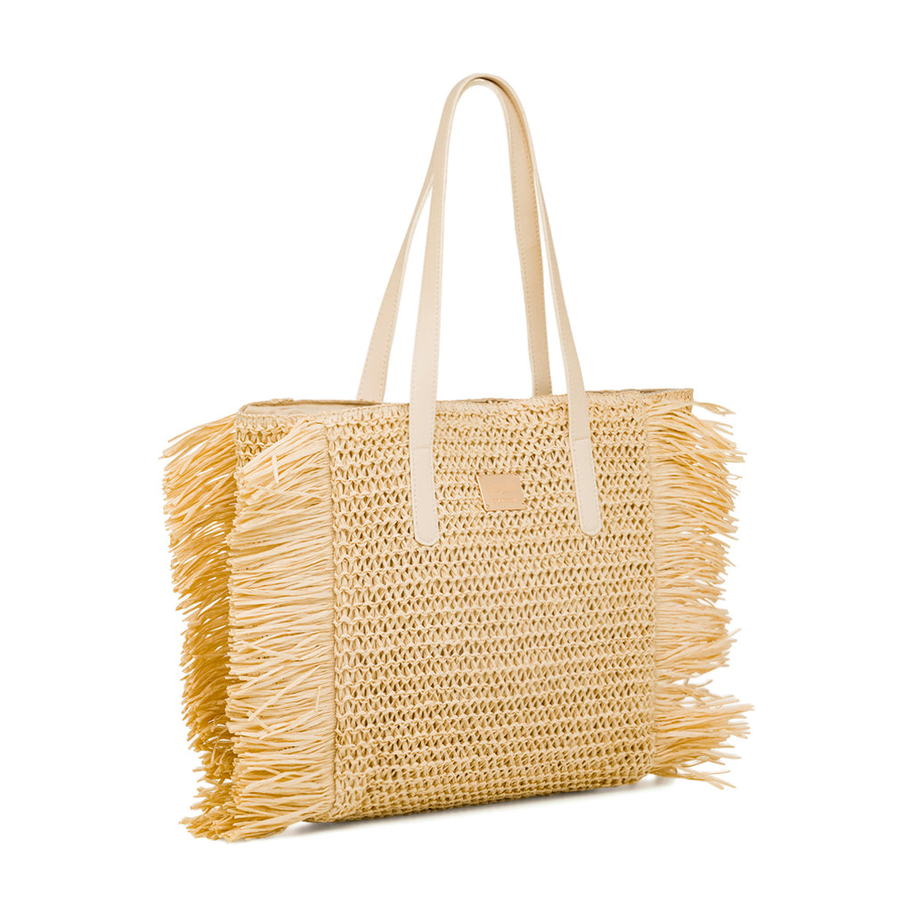 Borsa Mare in Paglia Intrecciata Naturale con Frange e Manici Eleganti Camomilla Milano