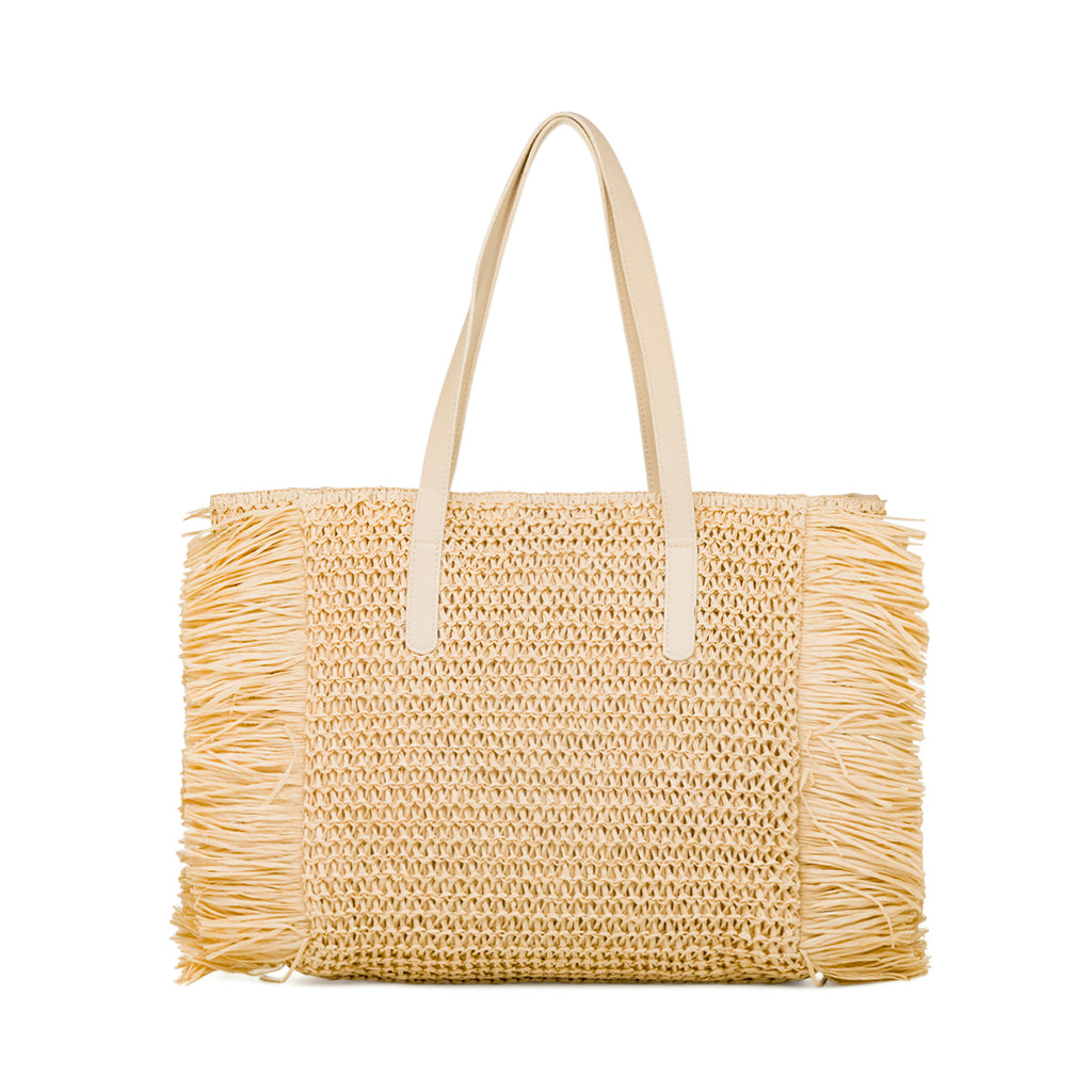 Borsa Mare in Paglia Intrecciata Naturale con Frange e Manici Eleganti Camomilla Milano