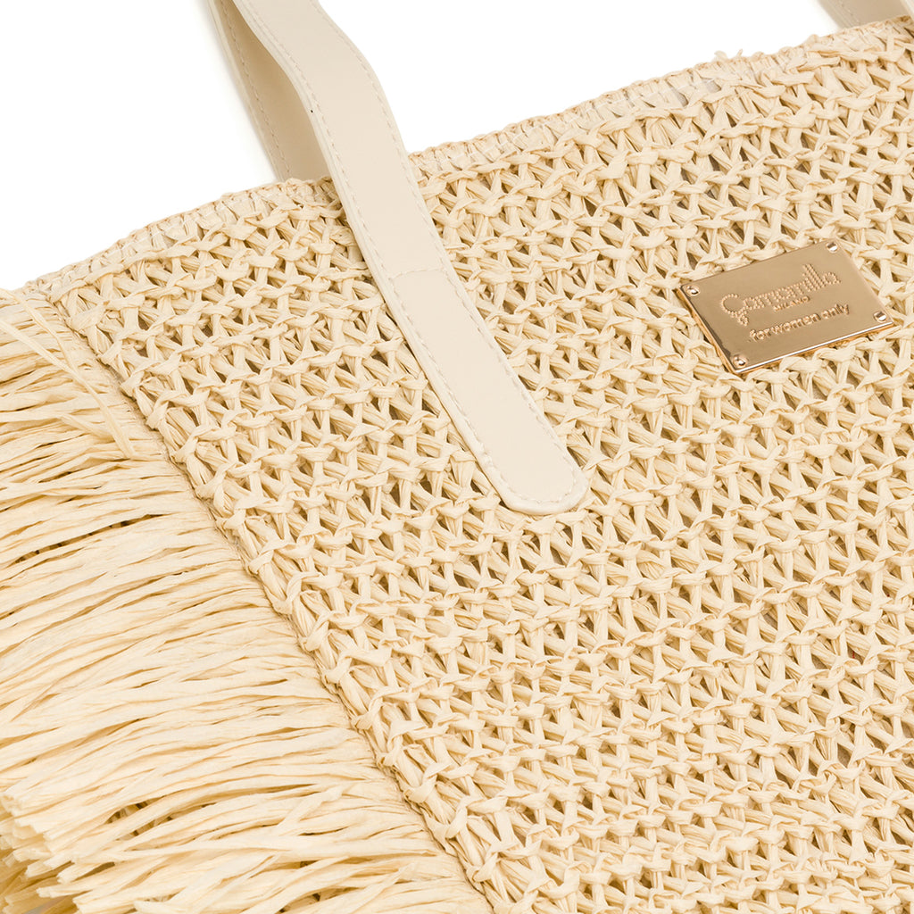 Borsa Mare in Paglia Intrecciata Naturale con Frange e Manici Eleganti Camomilla Milano