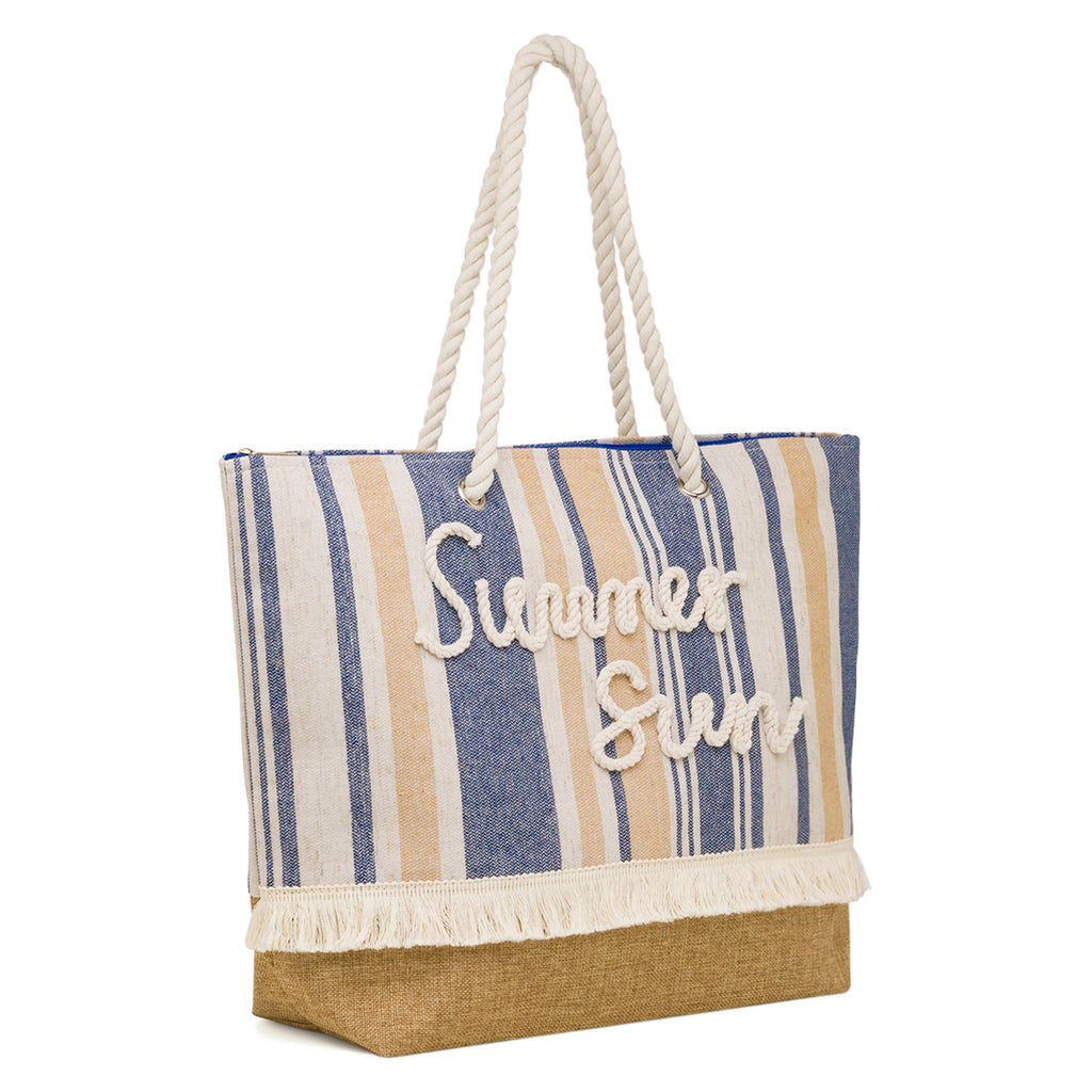 Borsa Mare a Righe con Scritta Summer Sun Manici in Corda e Dettagli con Frange Camomilla Milano