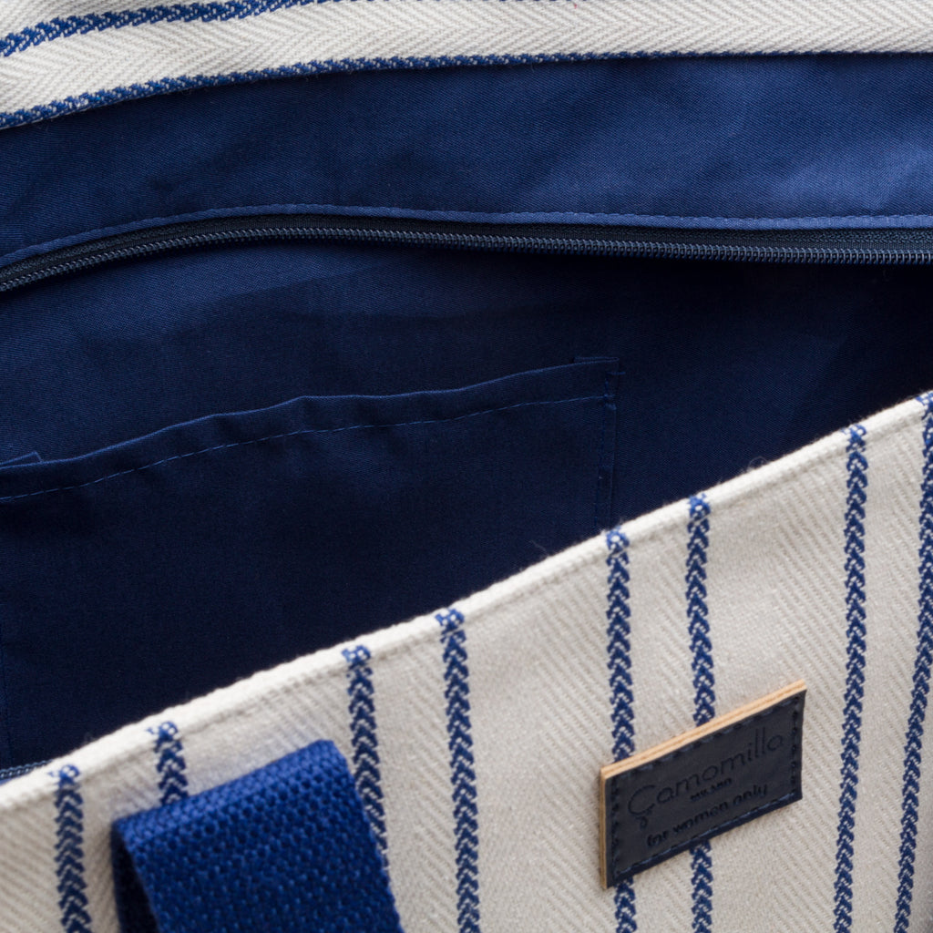 Borsa Mare in Tessuto a Righe Blu e Bianche con Doppi Manici Camomilla Milano